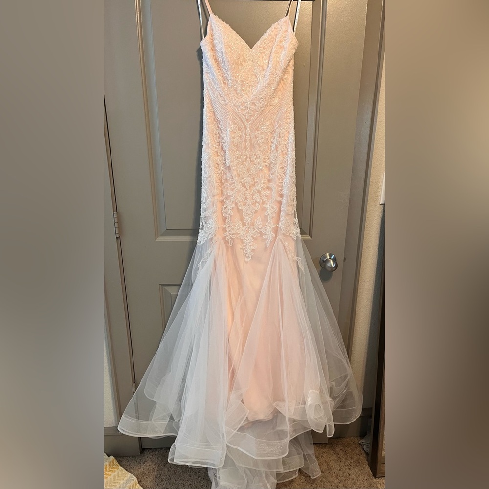 blush pink and white embellished dress with long tulle train - Picture 3 of 3